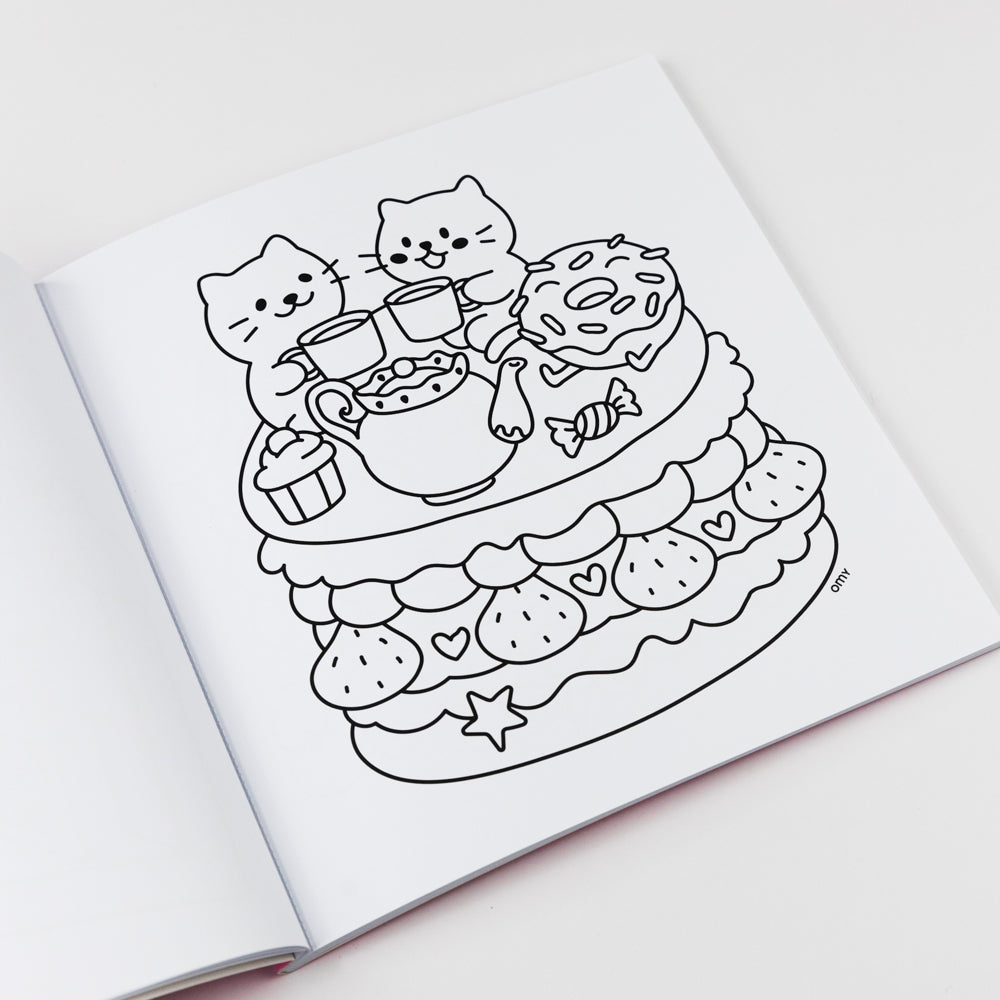 Coloring book page with a cake and cats illustration on a white background