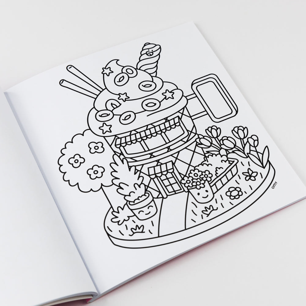 Coloring book page with a robot design on a white background