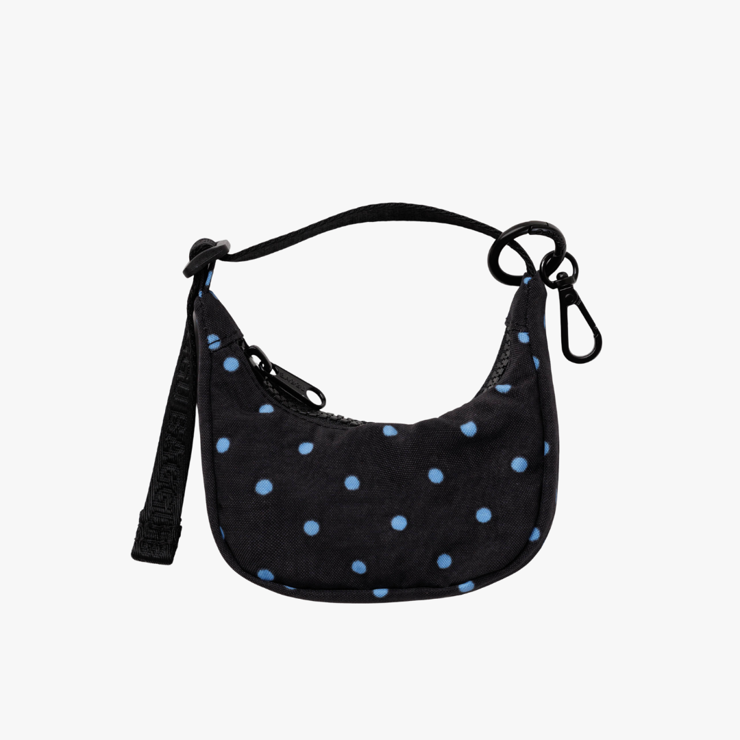 Crescent Bag Charm - Black and Sky Blue Micro Dot