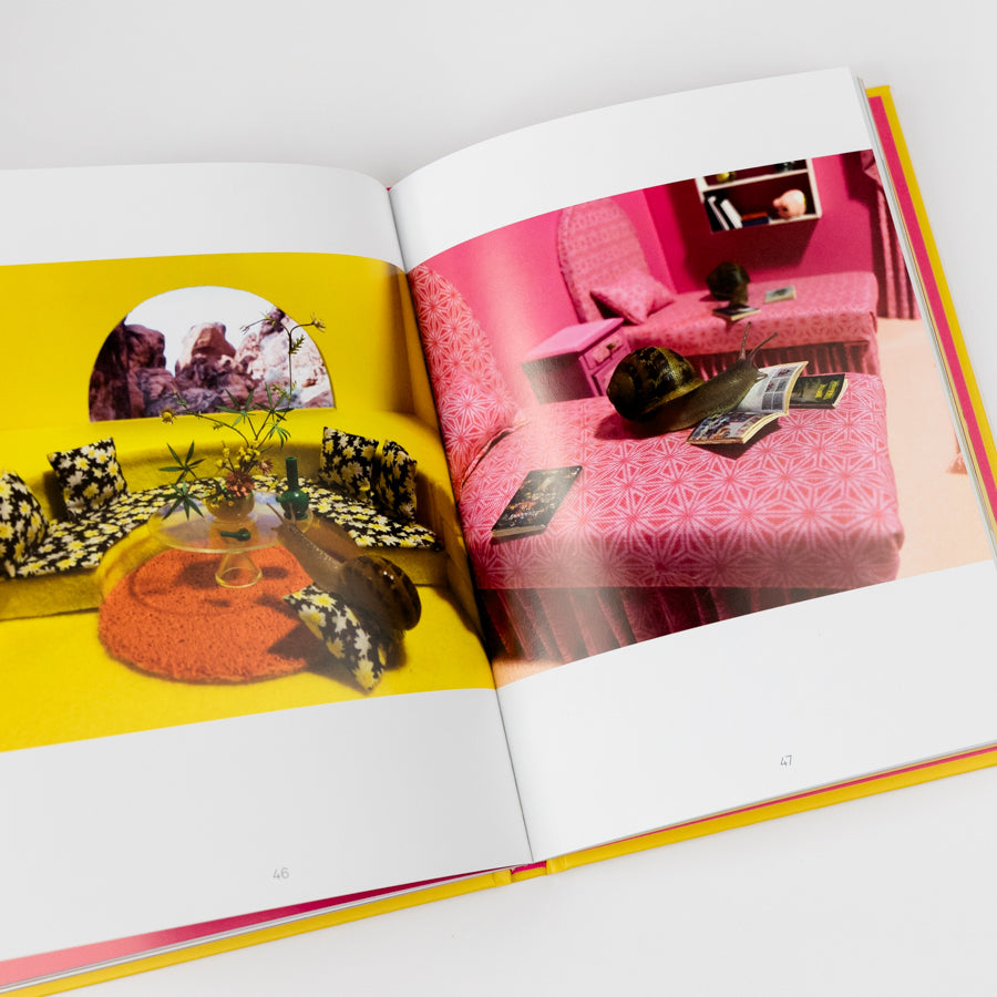 Open book with colorful interior design images on a white background