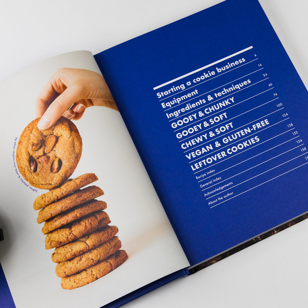 Book titled 'Cookies & Crumbs' with a cookie illustration on a blue background