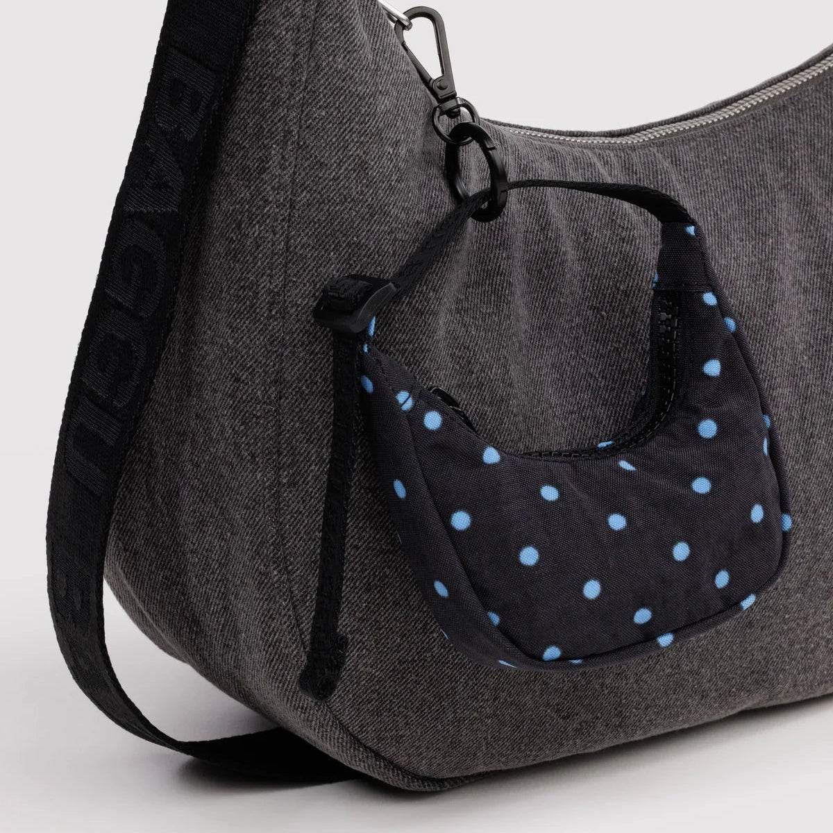 Crescent Bag Charm - Black and Sky Blue Micro Dot