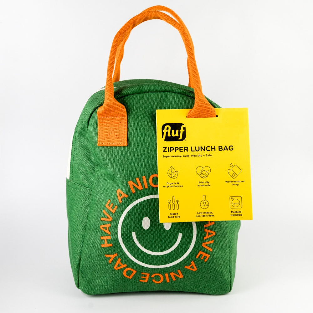 Green zipper lunch bag with orange handles and a yellow tag on a white background