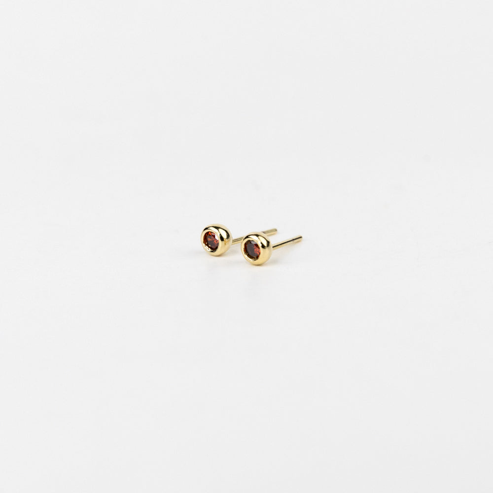 Pair of gold earrings with red gemstones on a white background