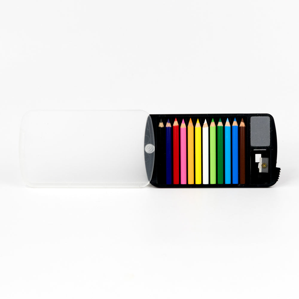 Pouch with colorful pencils on a white background