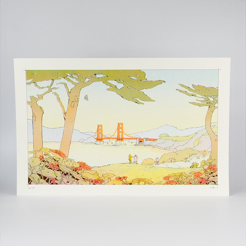 Riso illustration of a scenic landscape with the Golden Gate Bridge, trees, and flowers on a white background
