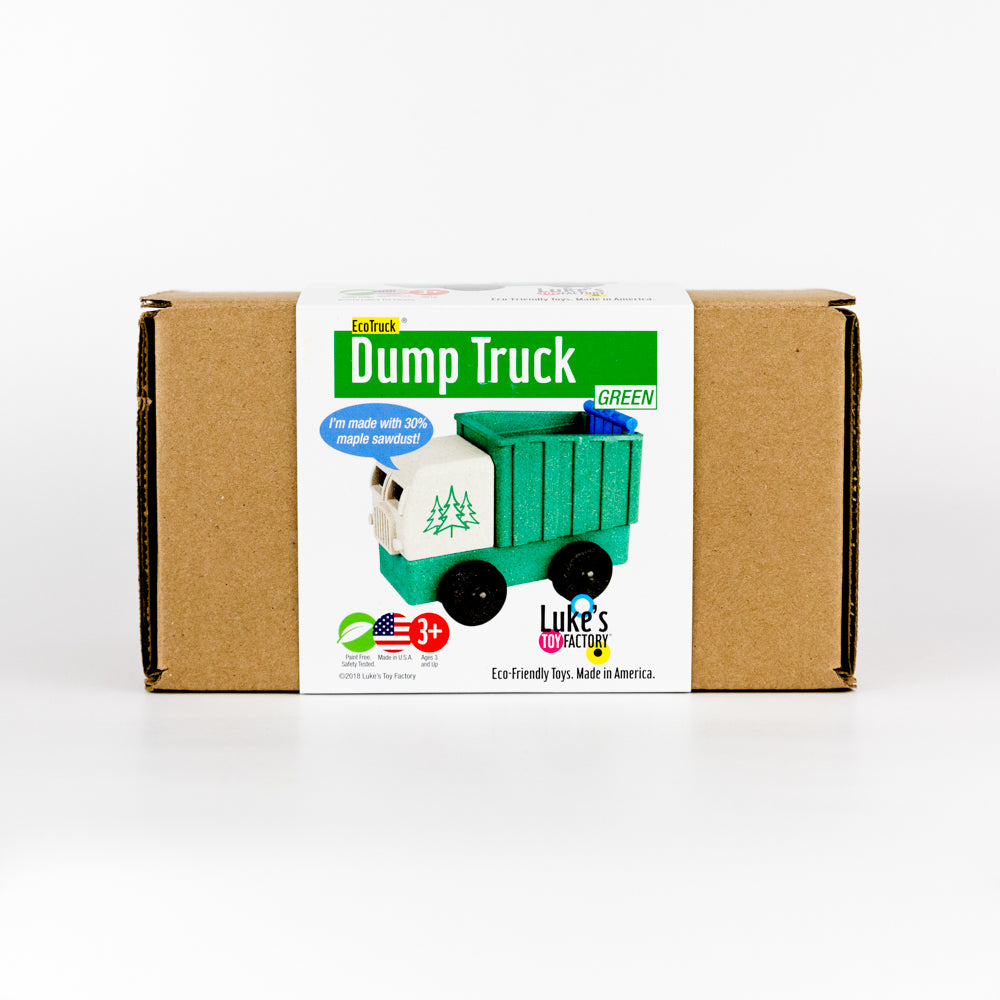 Toy dump truck packaging with a brown box and white label on a white background