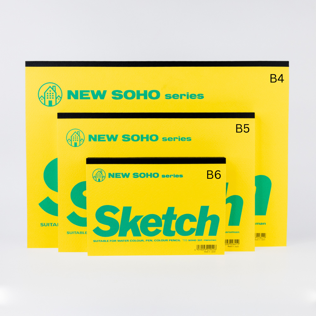 Yellow paper with 'Sketch' text and New Soho series branding on a white background