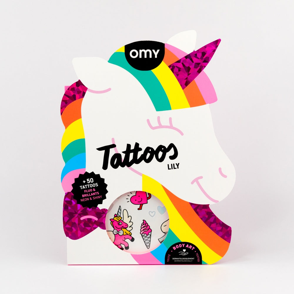 Pack of temporary tattoos with a unicorn design on a white background