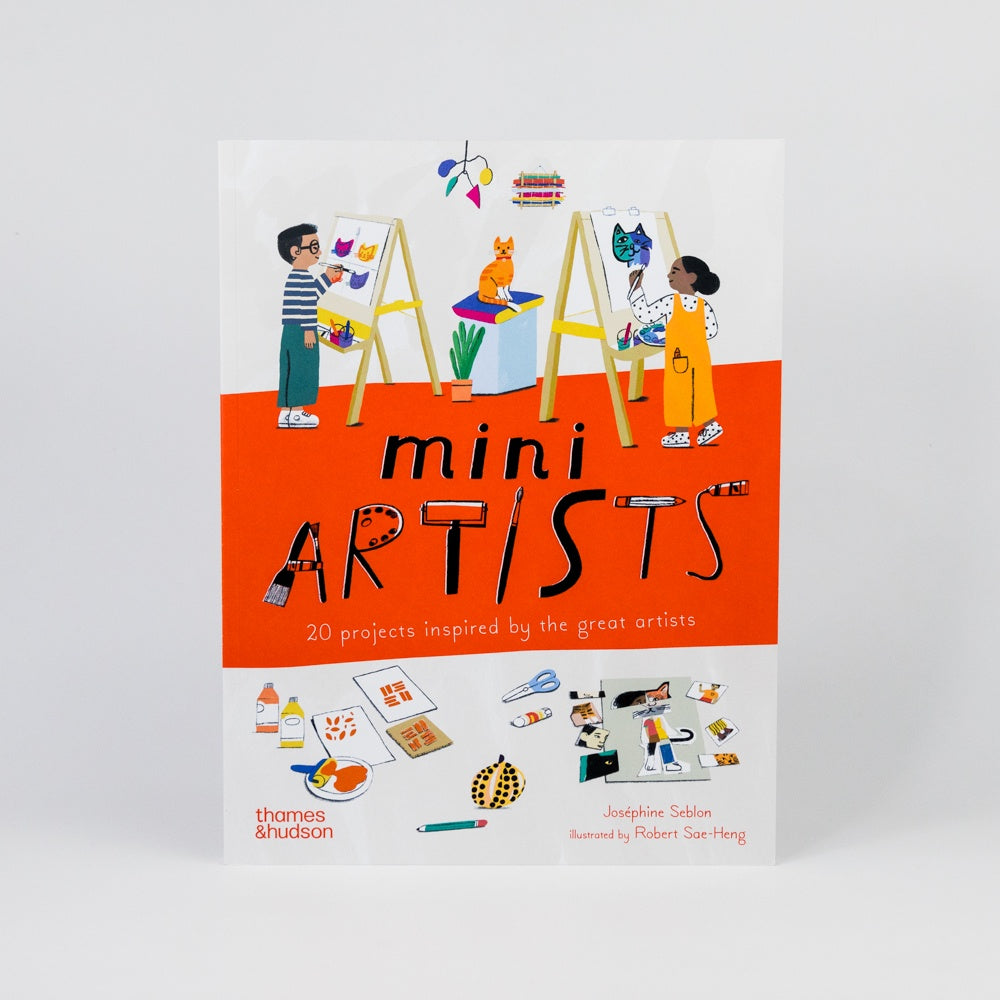 Book cover of 'mini ARTISTS' with illustrations of children and art supplies on a white background.